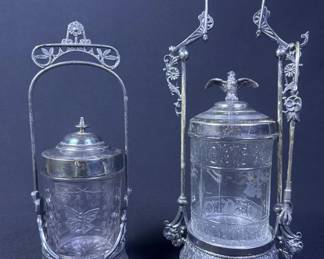 Antique Glass & Silver Plate Pickle Castor Jars