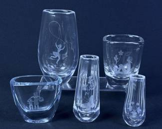 Orrefors Etched Crystal Art Glass Vase Lot