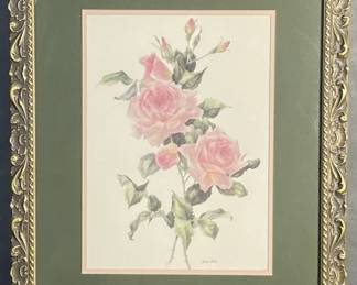 Pink Rose Watercolor & Pencil Signed