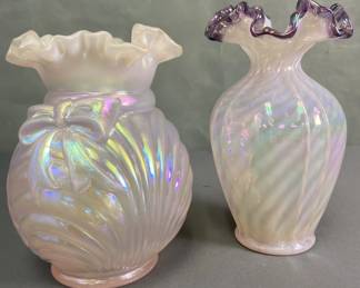 Fenton Pink Iridescent Ruffle Vase Set of Two