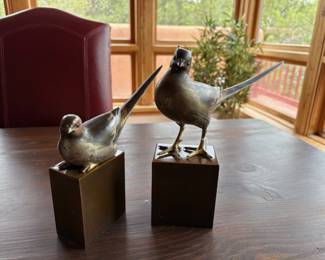 A vintage pair of Japanese bronze okimono pheasants