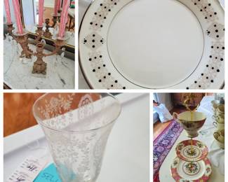 Tiffin Franciscan Pattern Crystal. Eight glass, wine glasses, goblets, large bowl, plates, and candlesticks.