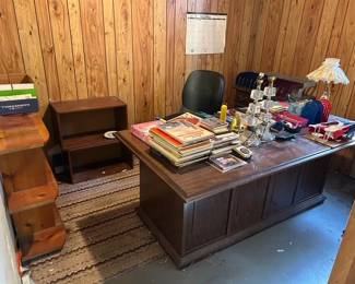 desk and vintage bookshelf