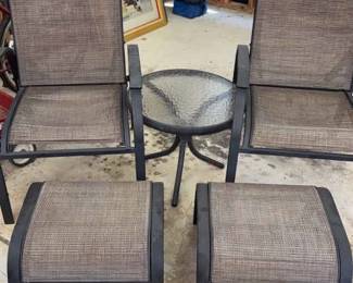 Patio Sling Chairs, Ottomans, Table Wrought Iron Basket