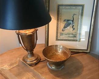 Brass Lamp, Bowl, Crane Print And Other Decor