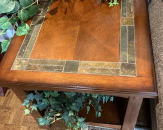 Mission style end table wood and slate and lower bottom shelf