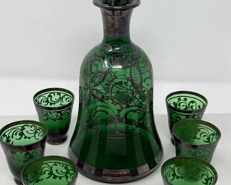 145 VintageMuranoGreenGlassDecanterSet6SilverOverlayGlasses