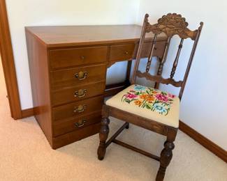 12 EthanAllenHeirloomMapleDeskAntiqueNeedlepointChair