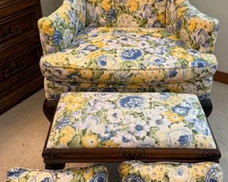 126 FloralWingBackChippendaleStyleChairOttomanPillows