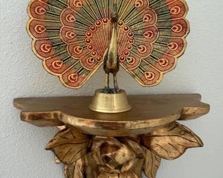 110 HashcartBrassPeacockCarvedWoodWallShelf