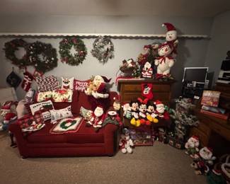 Havertys, red sofa and desk, electronics, and Christmas decor