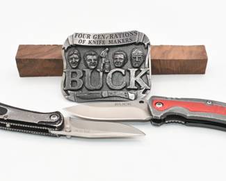 2 buck knives and Buck belt buckle
