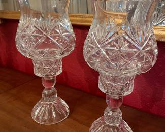 Pair of Pedestal Crystal Hurricane Candle Holders