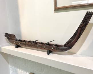 Carved Wood New Zealand War Canoe - Signed by Artist