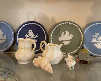 Belleek Pottery "Ribbon" Creamer Pitcher, Belleek "Neptune Twisted Shell" Creamer Pitcher