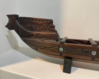 Carved Wood New Zealand War Canoe - Signed by Artist
