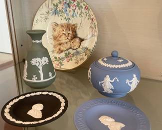 Wedgwood Jasperware Green Bud Vase, Wedgwood Blue Jasperware Sugar Bowl, Wedgewood Jasperware Decorative Plates