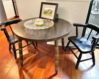 French Country Style Bistro Table, Pair of Spindle Back Captains Chairs