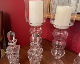 Pair of Crystal Cruets, Pair of Bubble Glass Pillar Candle Holders