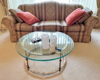 Damask Pattern Upholstered Sofa, Italian Style Gold Gilt Glass Top Coffee Table