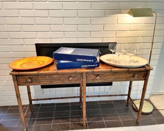 Faux Bamboo Hall Table, 2 Boxes - Set of 6 Cristal D’Arques Longchamp Wine Glasses 