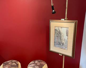 Framed & Matted Print "El Puerto de Santa Maria" by Rafael Tardio, Pair of Fringe Chenille Top Ottomans