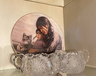 Cut Crystal Sugar Bowl & Creamer Pitcher, Artist of the World "Girl with Little Sister" Decorative Plate