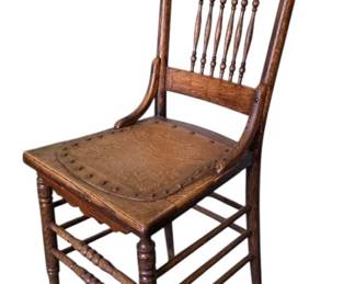 Antique Wood Chair With Hand Tooled Leather Seat