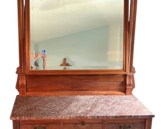 005 Large Antique Eastlake Marble Top Dresser w Beveled Swivel Mirror