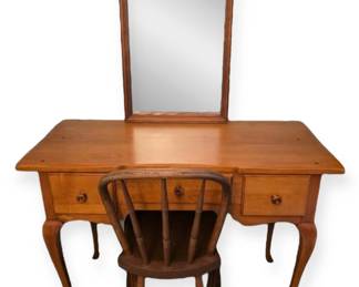 Antique Wood Desk Vanity With Wood Chair And Mirror