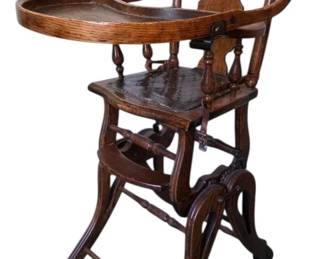 Antique Wood Highchair With Leather Seat Strap