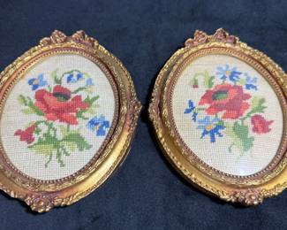 Two Needlepoint Flowers In Golden Frames