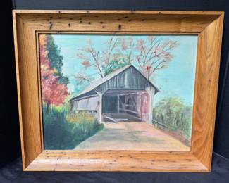 18 x 22 Framed Covered Bridge Painting by V. Stanton