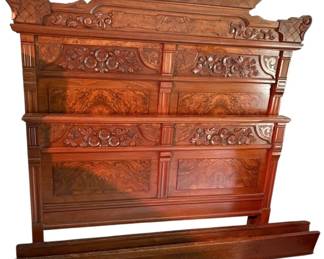 009 Queen Size Antique Eastlake Carved Bed Frame w Headboard Footboard