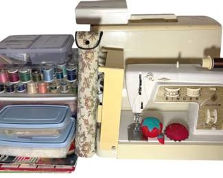 Singer Deluxe Model 69OU Sewing Machine With Miscellaneous Sewing Supplies Works