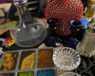 Assorted Vintage Glassware and Stained Glass Panel