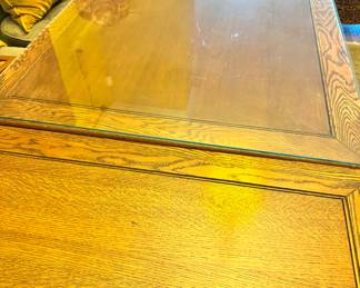 Antique Oak Dining Table with Carved Legs & Glass Top – Expandable Vintage Farmhouse Table