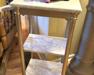 Madeline Marble Top Side Table with Silver Frame – Elegant Three-Tier Accent Furniture