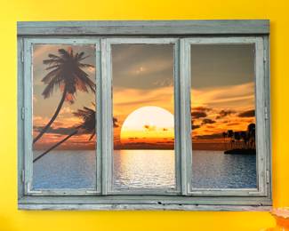 Framed Tropical Sunset Wall Art – Ocean Palm Tree Print in Rustic Window Frame