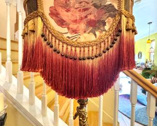 Victorian revival shade floor lamp with heavy fringe and bead work Edwardian taste 1950s revival.