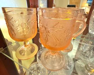 Vintage Pink Depression Glass Goblets – Floral Etched Pattern Collectible Drinkware