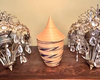 Pair of Vintage Crystal Chandelier Light Fixtures with Brass Detail + Handwoven African Basket with Lid