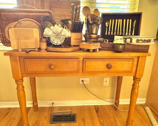 Wooden Kitchen Table with Drawers – Includes Cutting Boards, Knife Set, Utensils & Flatware
