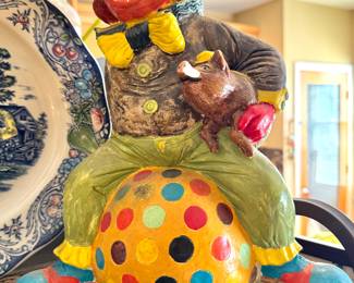 Colorful Vintage Clown Figurine on Polka Dot Ball with Pig – Circus Collectible