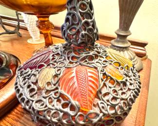 Vintage Amber Glass Dish with Bohemian Ornate Metal Overlay – Retro Decorative Container