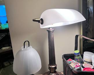 Modern Portable LED Lantern-Style Lamp with Frosted Dome Shade (right) Vintage Bankers Desk Lamp with White Glass Shade (left)