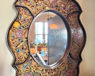 Hand painted ornate floral bird motif, Peruvian, Cuzco school tradition.