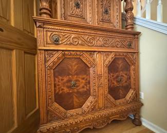 late 1800's early 1900's antique sideboard European design, Renaissance revival/Spanish revival, solid oak.