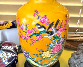 hand painted.Cloisonn'e inspired porcelain birds, magpies, symbolizing, joy, harmony, and good fortune with Chinese art. Chrysanthemums, symbolizing, longevity, nobility, and autumn.