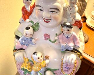 Porcelain Laughing Buddha Figurine with Five Children – Chinese Decorative Statue